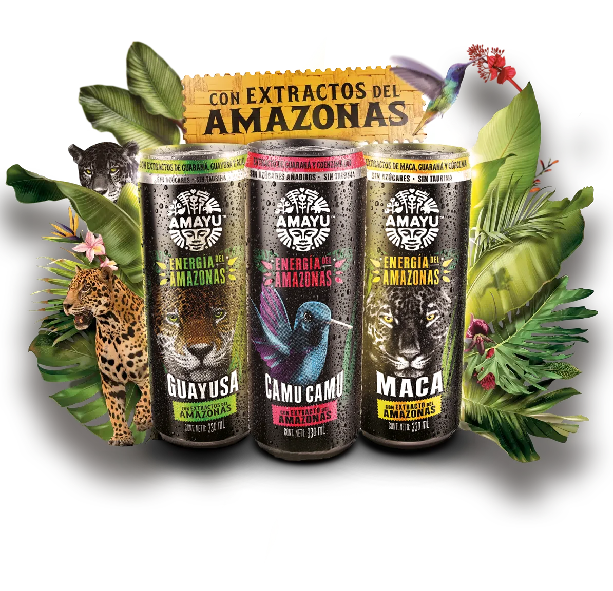 Acaí, Buriti, and Camu Camu AMAYU Cans with floating fruit in the background